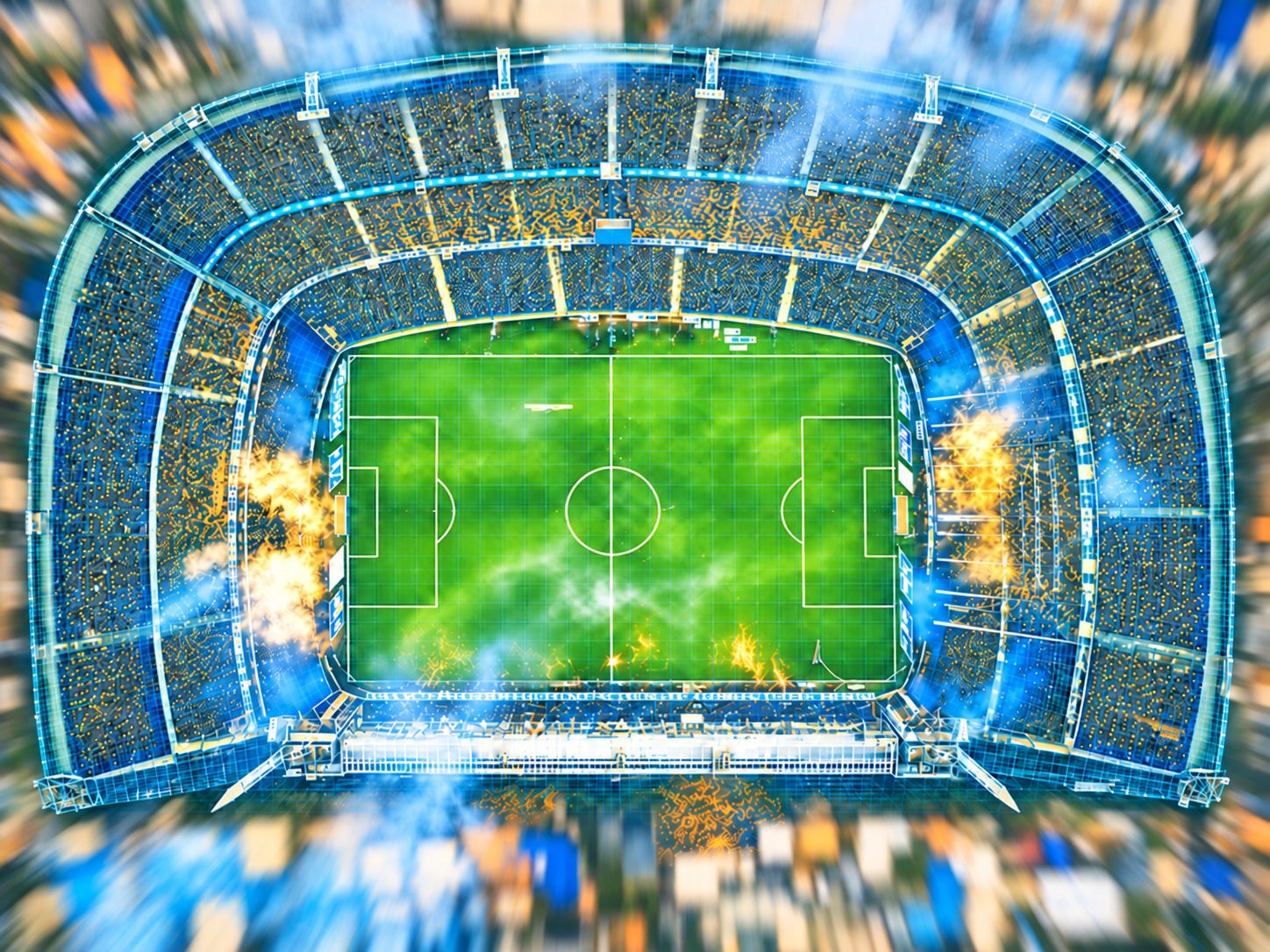 Aerial view of a packed football stadium, flares burning in the stands