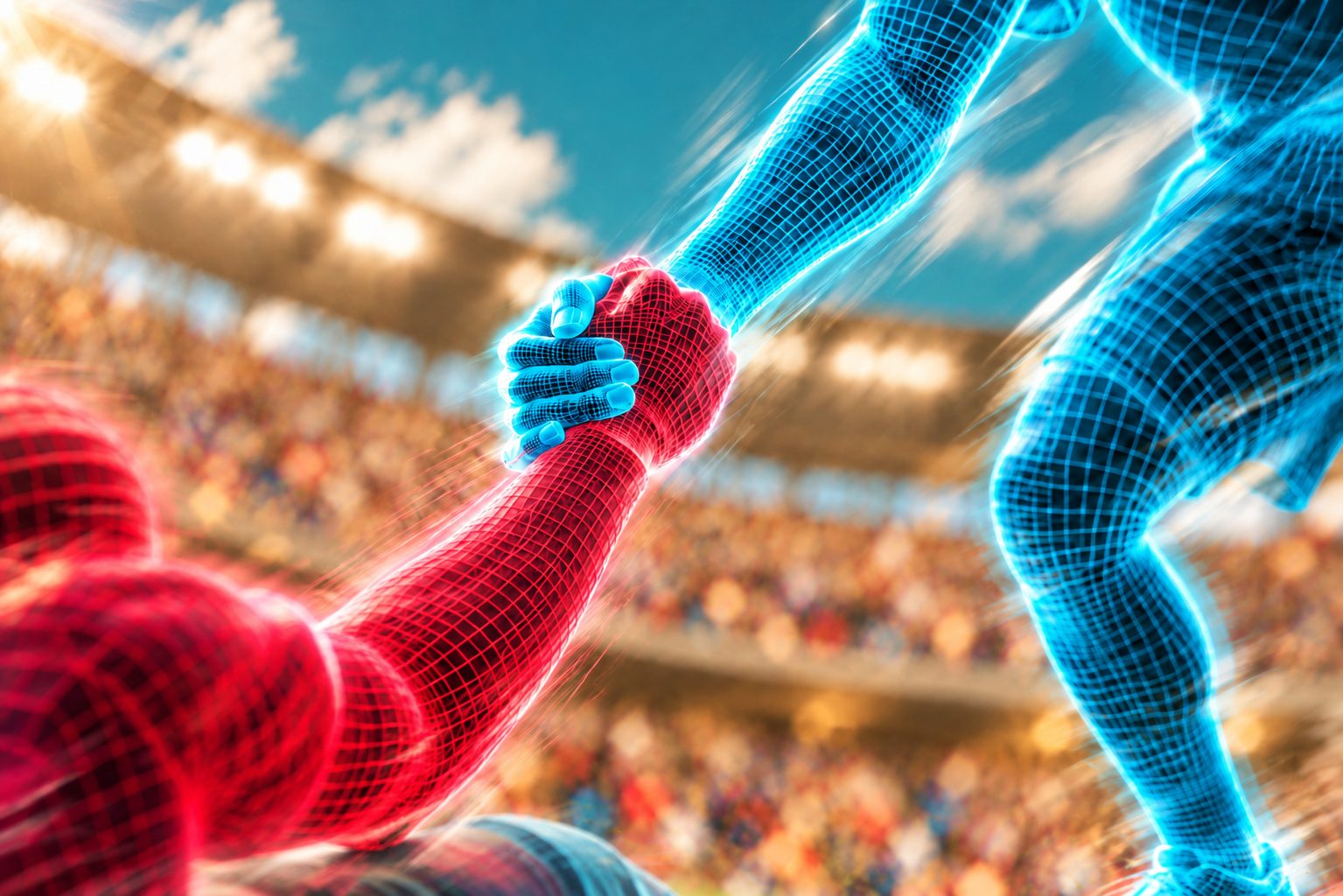 A red wireframe hand grips a blue wireframe hand to help a player up, in a full stadium