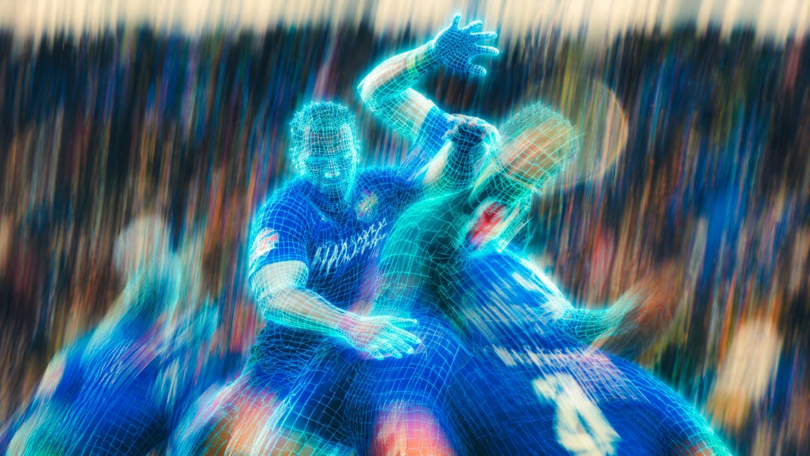Blue wireframe athletes collide in a blur of motion